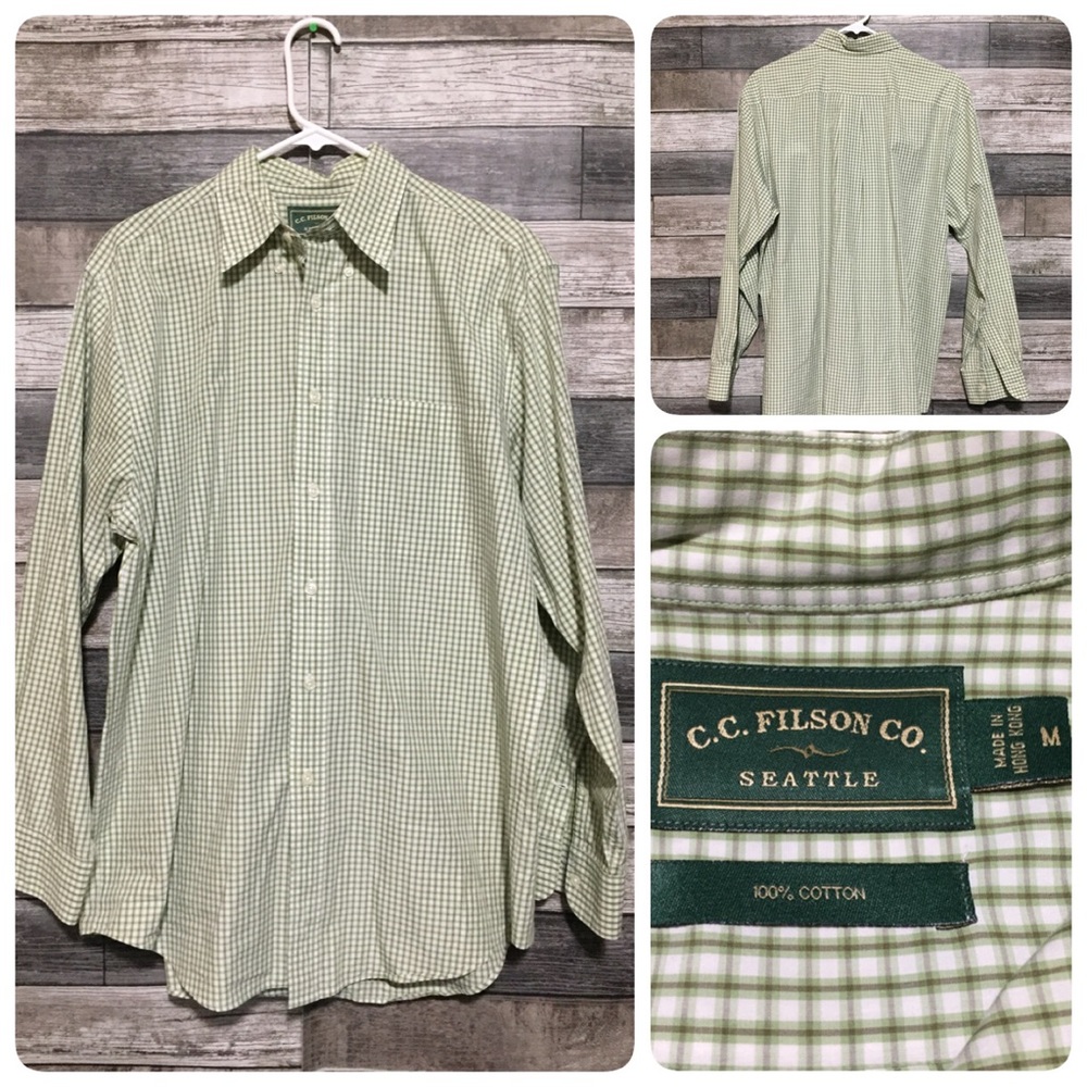 Vtg Filson Plaid Button Up Shirt Men’s M Green 100% Cotton Hong Kong